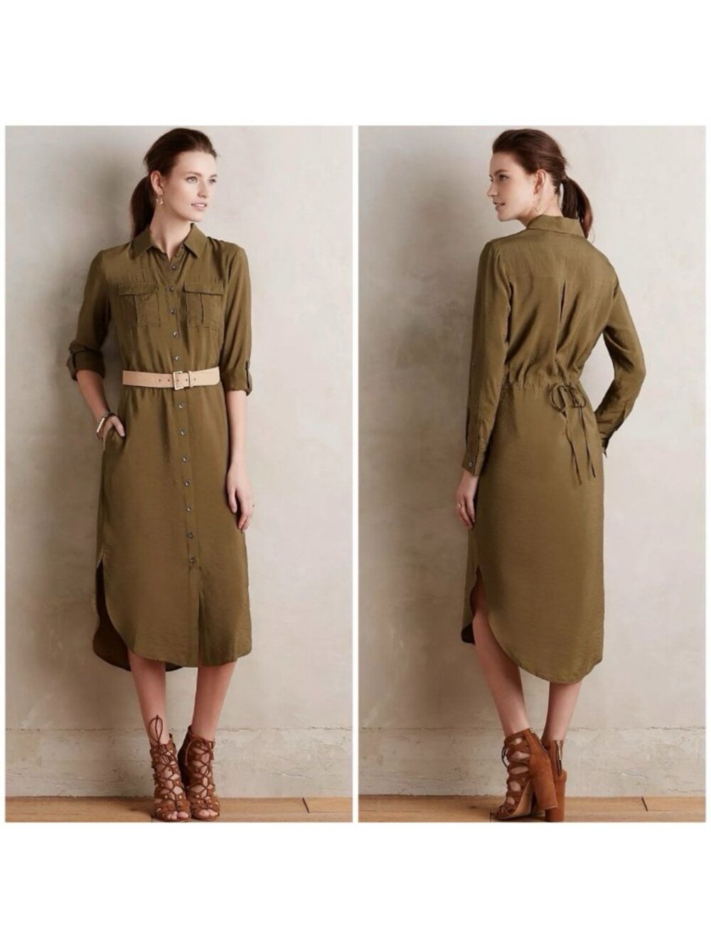 Maeve Anthropologie Olive Green Sheer Button Down Shirt Dress Sz 0